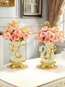 1pc Elegant Ceramic Swan Vase With Golden Accents - Living Room Decorative Vase, Swan Figurine For Living Room, TV Cabinet, Liquor Cabinet, Artificial Flowers, Upgrade Ambiance, Beautiful Housewarming Gift