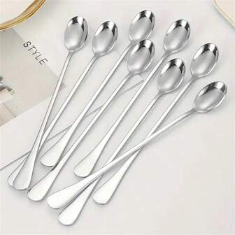 8pcs Stainless Steel Long Handle Ice Tea Spoons, Coffee Spoons, Ice Cream Mixer Spoons, Dishwasher Safe, Kitchen Accessories, Cutlery Set Back To School