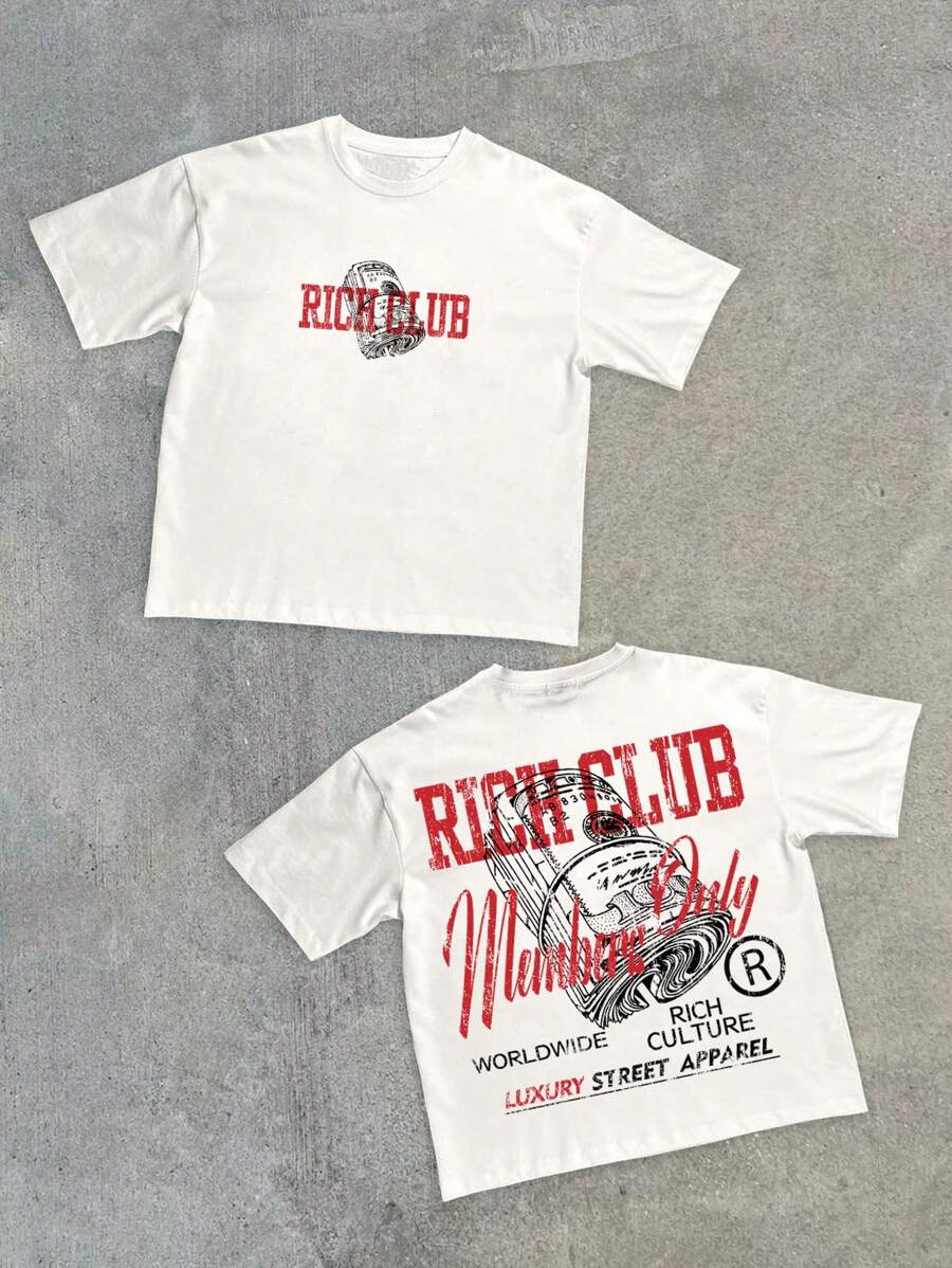 1 pieza Camiseta de manga corta con hombros caídos para hombres, estilo casual de calle, con gráfico de lema de dinero divertido, ajuste holgado, cuello redondo, ajuste oversize, ligera para verano, casual para ir a la calle