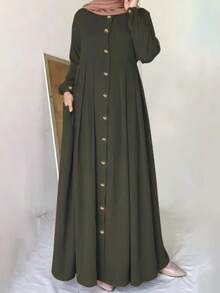 Women's Solid Color Front Button Pocket Minimalist Arabic Style Long Sleeve Dress,Modest - Green - View 3