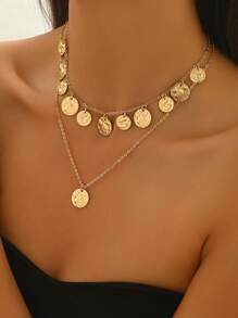 1 chiếc vòng cổ mặt dây chuyền mới cho nữ, đồng xu sáng tạo, tua rua, vòng cổ choker nhiều lớp phong cách kim loại Punk Hip Hop, trang phục hàng ngày & quà tặng - vàng - Xem 2