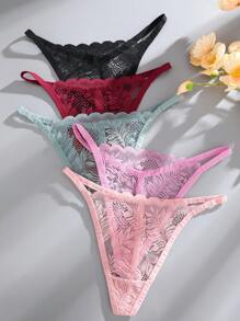 5 件套女士纯色蕾丝图案腰带低腰性感丁字裤女士内衣