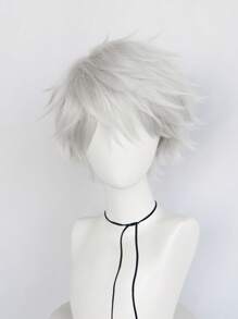 Unisex Short Silver Fluffy Straight Anime Cosplay Wig, Synthetic Glueless Heat Resistant High Temperature Fiber Hair With Bangs, For Halloween Party Costume School Carnival Concerts Vacation Photography Themed Events Comic Con Exhibition Daily Wear For Holiday Birthday Thanksgiving Day Gift For Christmas New Year Decorations & 1pc Wig Cap