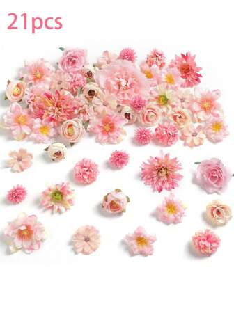 21 件假花头迷你人造花人造大丽花玫瑰人造多色丝绸雏菊花头手工花环、新娘、淋浴、家庭派对装饰 DIY