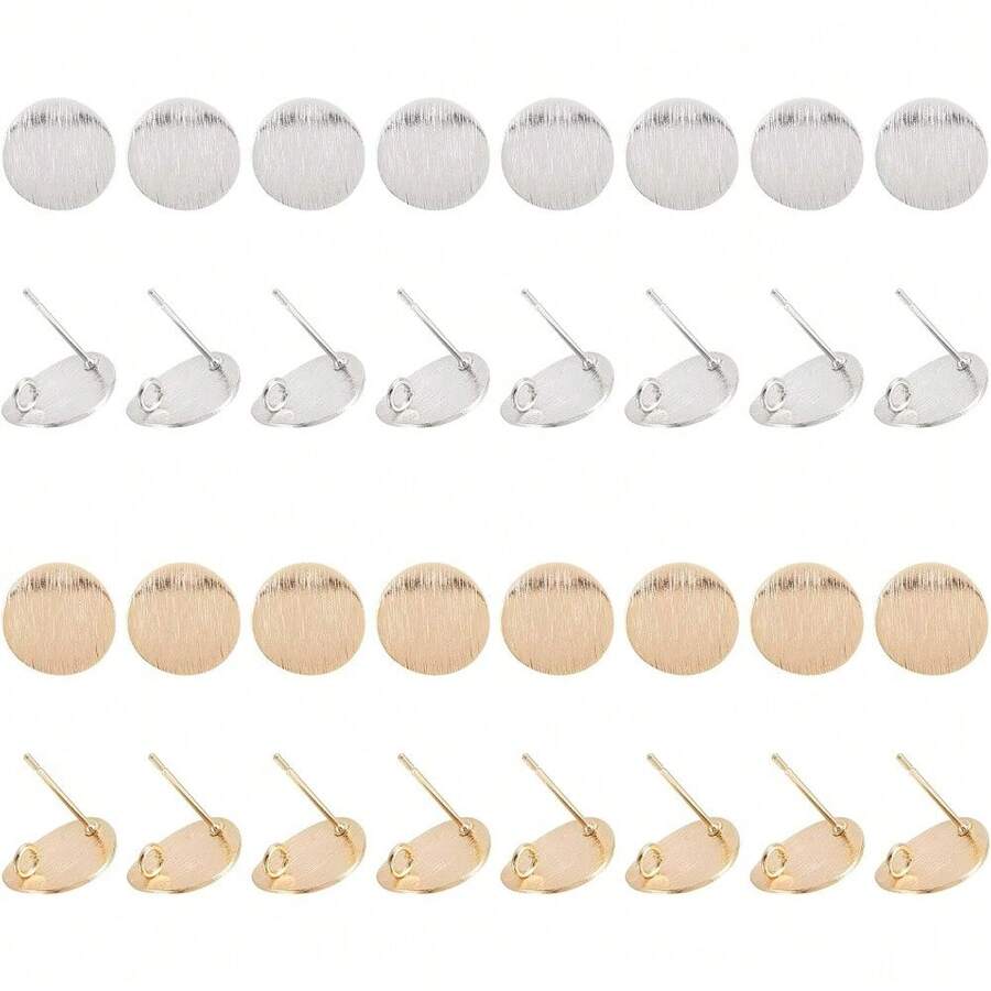 MAGICALCUTDIE 32Pcs 2 Colors Brass Stud Earring Findings With Loop Flat Round Earring Pin Studs Gold Plated Disc Earring Findings For DIY Earring Making Supplies
