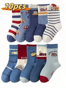 10 Pairs Of Children's Car Train Letter Stripe Pattern Soft And Comfortable Children's Fun Style Boys Socks, Suitable For Daily Leisure, Family Gatherings, Parent-Child Activities - Multicolor - View 9