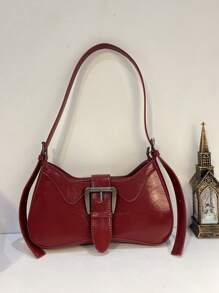 酒红色复古时尚法棍包，简约新月形女士单肩包，酒红色甜美清爽可锁腋下包，小众设计性感单肩/斜挎包 - 彩色 - 查看 3