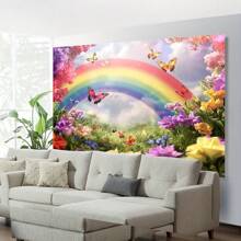 1pc, Spring Rainbow And Butterfly Photography Background, Polyester Fiber, Machine Washable, Modern Style, No Electricity Required, No Feathers, Suitable For New Year Celebrations, Celebration Accessories | Whimsical Theme | Washable Fabric