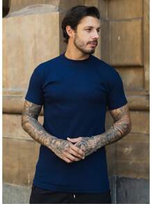 Slim Ribbed Plain Basic American Style Streetwear Fitted Ribbed T-Shirt - 藏蓝色 - 查看 5