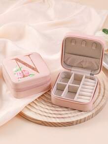 1pc Caixa de joias rosa com flores rosas, caixa de joias de viagem da moda com letras de ouro rosa, caixa de joias de viagem de presente personalizada, presentes de aniversário para mulheres, presentes de Natal para meninas adolescentes, iniciais, caixa de joias de viagem A-Z