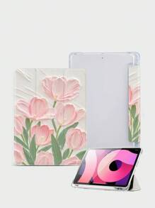 1 pieza Funda protectora para tableta con estampado de tulipanes rosas de estilo pintura, compatible con iPad 10.2", iPad Pro 2021/2020, iPad 9/10 Gen, Galaxy Tab A8 10.5" 2022, Matepad 10.4/Tab, a prueba de caídas, con ranura para lápiz, soporte de suspensión/activación - Multicolor - Ver 4