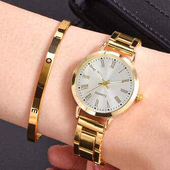 1 款小巧可爱的罗马数字石英表和 1 条水晶手链