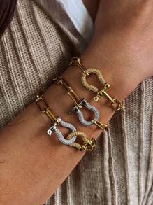 1Pc Women's Chain Bracelet With Gold And Silver Diamond Studded Horseshoe Buckle, With A Shiny And High-End Style, Suitable For Women To Wear During Events