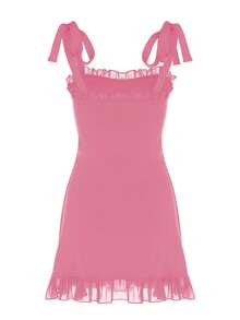 女士性感褶饰纯色紧身吊带蕾丝拼接连衣裙度假街头装派对春夏装