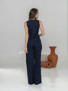 Twill Waistcoat And Wide Leg Pants Set C3089 - 藏蓝色 - 查看 4