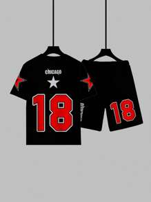 2pcs/Set Plus Size Men Sports Style Number Graphic T-Shirt Set, Suitable For All Seasons - Black - View 4