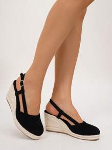 女士舒适防滑春夏度假米色黄麻绳黑色坡跟厚底凉鞋