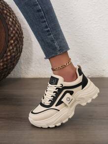 New Women Athleisure Sneakers, Thick Sole Chunky Elevated, Lightweight & Comfortable, Breathable Versatile Chunky Sneakers, Non-Slip - Black - View 11