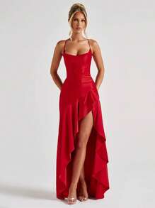 Sexy Ruffled Hem Lace-Up Backless Split Dress, Party Dress, For Cocktail, Valentine's Day - Red - View 3