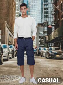 KEFITEVD Hombre Algodón Senderismo Capri Shorts Casual Street 3/4 Largo Verano Cargo Cropped Pants Ligero Debajo Rodilla Corto Pantalones Con 7 Bolsillos, Azul Marino