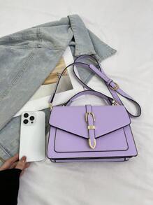 Leather Belt Decor Flap Top Handle Shoulder Bag - Mauve Purple - View 6