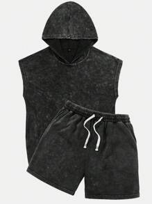 2pcs/Set Men's Casual Hooded Sleeveless Tank Top & Washed Distressed Effect Black Shorts, Spring & Summer Wear, Streetwear