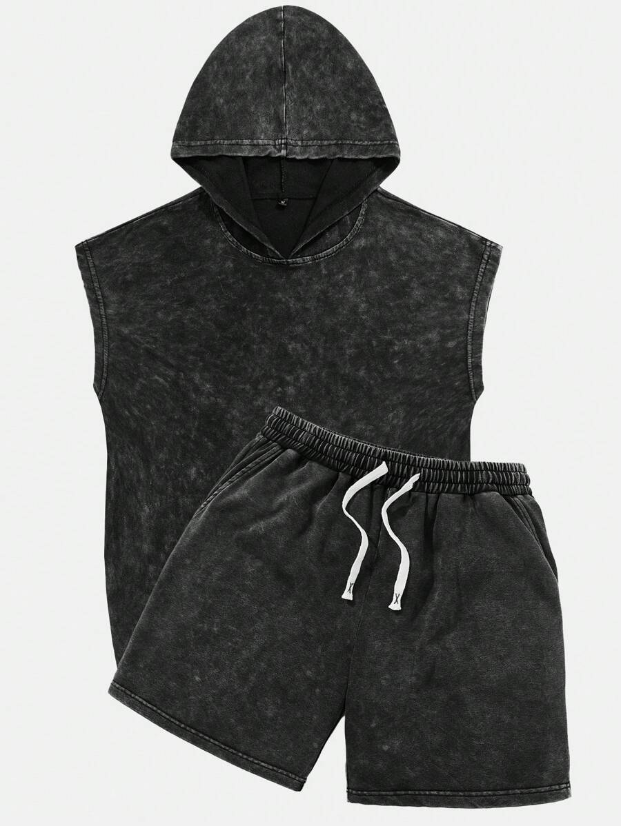 2pcs/Set Men's Casual Hooded Sleeveless Tank Top & Washed Distressed Effect Black Shorts, Spring & Summer Wear, Streetwear