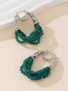 1 par de aretes de joyería de moda para mujer y 1 pieza de anillo de joyería de moda, material de cobre chapado en metal precioso, con piedra de ágata verde multicapa trenzada, patrón retro, adecuado para uso diario, fiestas, vacaciones, regalos, elegante y grácil
