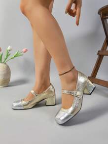 1 Pair Elegant Open Toe Chunky Heel Square Toe Mule Shoes, Casual Comfortable Slip-On High Heel Pumps For Women