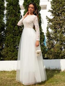 Colour Of Skin Open-Back Round Neck Vintage Long Sleeve Minimalist Mesh Maxi Wedding Dress, White, Cheap Elegant Bridal Dress,Bride - 白色 - 查看 6