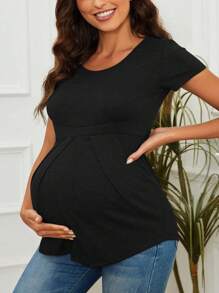 Women's Maternity Tops Short Sleeve Round Neck Front Pleat Peplum Tunic Top Pregnancy Casual T Shirts - màu đen - Xem 3