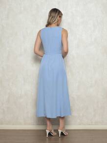 Elegant Women's Crepe Dress - Fitted Waist, Discreet Neckline And Loose Skirt - Ideal For Formal And Casual Events - 淺藍色 - 查看 5