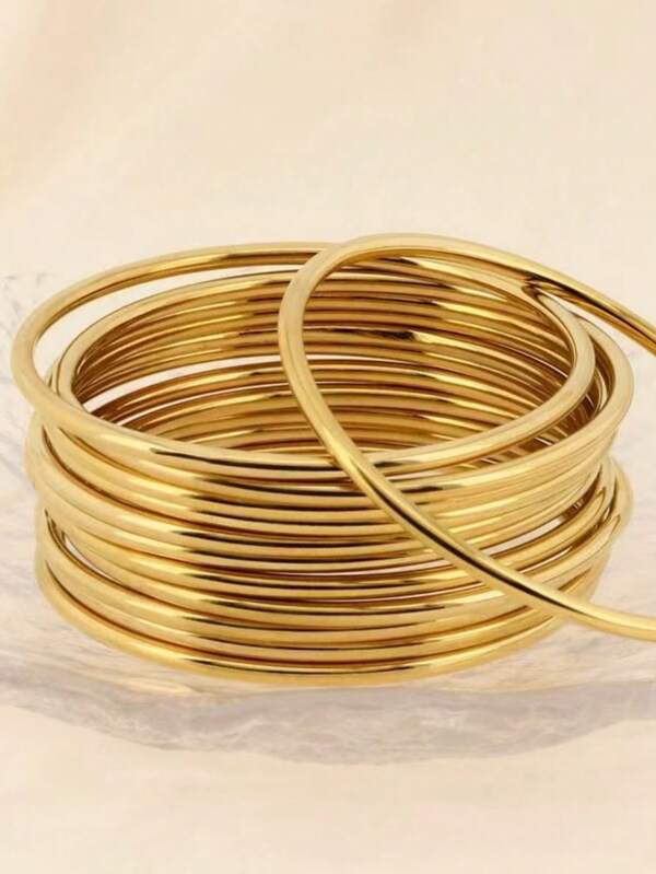 7pcs 18K Gold Plated Metal Stackable Bangle Bracelets, Vintage Minimalist Style, Iron Material, Suitable For Daily Wear