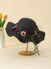 1 件女童米色波浪边太阳帽，带花卉蝴蝶结装饰，波西米亚风格，适合夏季户外活动、海滩度假、日常穿着、母女搭配 - 花環波浪草帽 - 查看 8