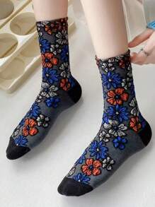 5 双复古花卉女士中筒袜，适合所有季节，春/秋季