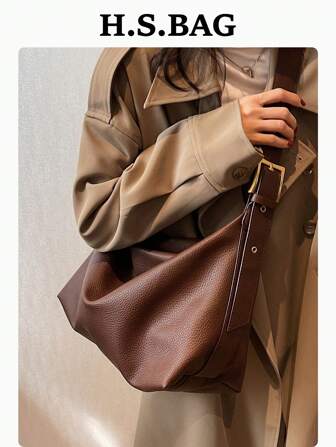 简约时尚软皮大容量拉链开合通勤单肩斜挎包，适合日常使用，休闲，百搭，可调节肩带长度，PU 皮革，适合大学生的学院风