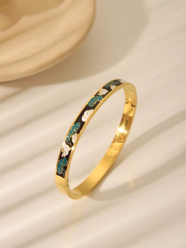 1pc Stainless Steel 18K Gold Plated Fashion Elegant Floral Print Bracelet, Suitable For Women's Daily Wear