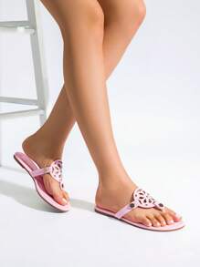 Women Flip Flops Slip On Thong Slides Flat Sandals Hollow Carved Upper Comfortable Soft Cushion Summer Vacation Daily Causal Slide Shoes - 粉色 - 查看 7
