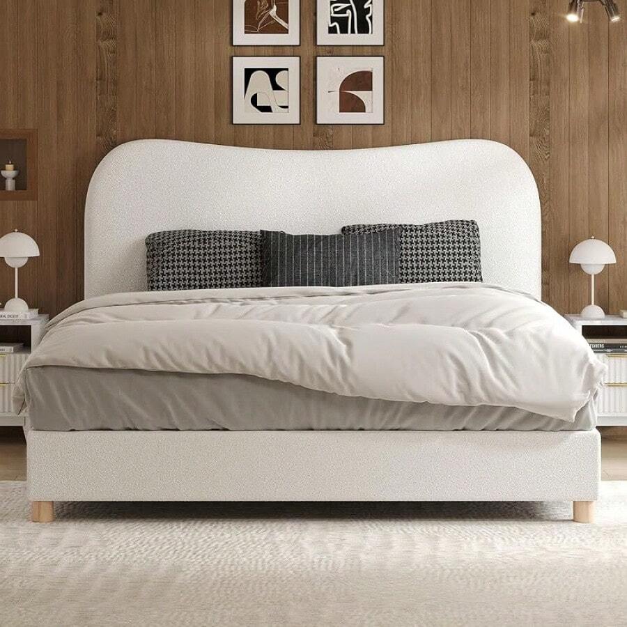 Bouclé Upholstered Platform Bed With Curved Headboard, Soft Rounded Corners & Noise-Free Design – Easy Assembly - Kem - Xem 1