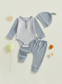 Toddler Baby Boys Outfits Set Contrast Color Long Sleeve Romper With Waffle Solid Pants Hat 3Pcs Clothes Set