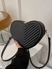 1 pieza Bolso pequeño de unicolor simple y elegante para niñas, nueva bolsa de mensajero de hombro con textura en forma de corazón, material de PU, bolso de corazón de niña de moda, bolso de mensajero de hombro a cuadros elegante y versátil con cierre de cremallera, muy adecuado para salidas y citas
