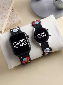 2pcs Space Rocket Design LED Digital Bracelet Watch, Suitable For Daily Wear And Gift, Unisex - Black - View 3