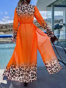 Leopard Print Chiffon Kimono Robe For Women, Lightweight For Spring/Summer Vacation & Beach, With Ombre Sash - Orange - View 2