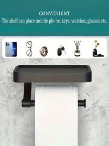 1-Piece Toilet Paper Holder With Telephone Stand - Toilet Paper Holder, Suitable For Bathroom - No Perforation And Thickened Design - Black - View 5
