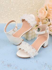 女孩时尚可爱纯色花朵露趾高跟凉鞋，透气轻便，适合婚礼、派对、公主鞋 - 白色 - 查看 1