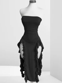 Long Sheath Dress With Asymmetrical Hem And Strapless Ruched Skirt - Black - View 1