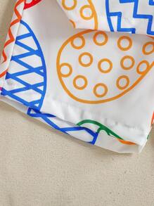 2pcs Young Boy Cartoon Dinosaur & Easter Egg Print Lapel Button-Front Short Sleeve Shirt + Shorts Set, Fashionable Outfit For Casual, Outdoor, Easter Party, Spring/Summer