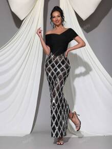 Modphy Abito lungo nero in tulle lucido e aderente con decorazioni di cristalli e paillettes, scollo spalle scoperte, adatto per invitati a matrimoni, vacanze, danza, feste, cene formali, abito da sera