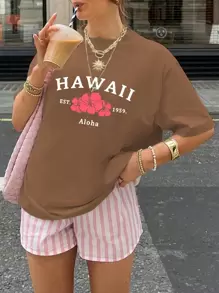 Hawaiian Floral Print Loose Women's Short Sleeve Summer Dress, Suitable For Spring Festival, Chinese New Year, Year Of The Horse, Spring Festival, Happy New Year, Valentine's Day, Valentine's Day Gift, Gift For Her On Valentine's Day, Etc. Back To School Clothes, School Outfit Ideas, Back To School Essentials, First Day Of School Outfit, Back To School Outfits 2026 - Brown - View 1