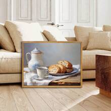 1 Piece, Canvas Hanging, Framed Decorative Painting, Coffee And Bread, Kitchen Still Life, Vintage Farmhouse Decor Art, Oil Painting Print, Country Kitchen Wall Art, Spring Afternoon Tea Decor Mural, French Decor, Spring Home Decor Gifts Birthday Graduation